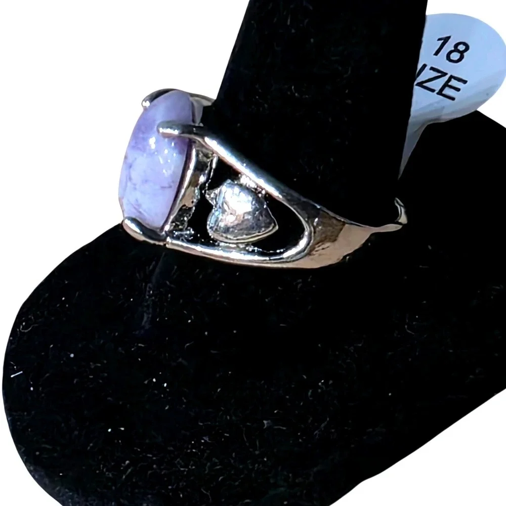 Silver‎ Tone Oval Purple Stone Heart Detail Statement Ring Size 18 Lavender